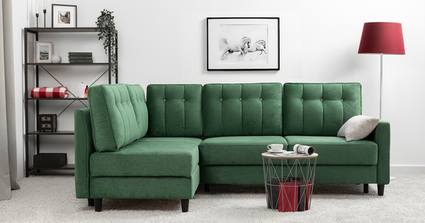 Диван-кровать угловой Арно ТД 566 велюр Лаки 20 хвойный зеленый, Vertical 910 молочно-серый, сборка на любую сторону