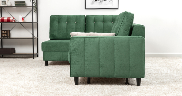 Диван-кровать угловой Арно ТД 566 велюр Лаки 20 хвойный зеленый, Vertical 910 молочно-серый, сборка на любую сторону