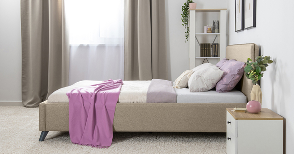 Кровать Миа 140 рогожка бежево-коричневый, кант желтовато-коричневый с ортопедическим основанием и подъемным механизмом