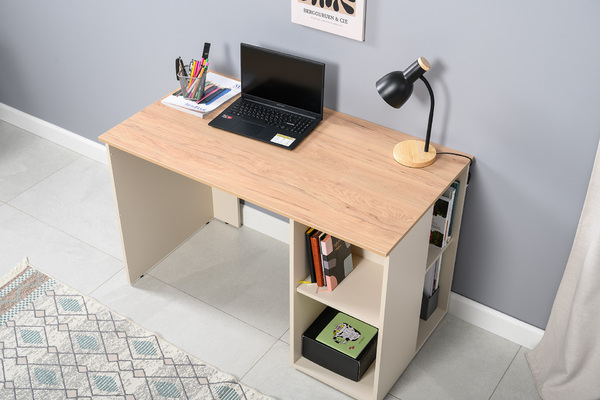 Стол письменный Лайт 12.163 сатин 7045 SU, гикори рокфорд натуральный KO86 PW, сборка на любую сторону, два варианта сборки тумбы