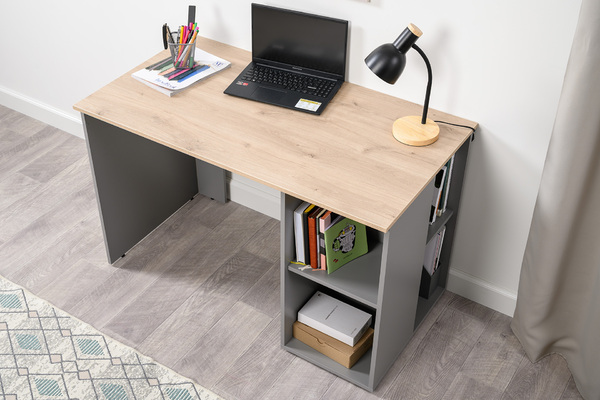 Стол письменный Лайт 12.163 серый шифер, дуб белый exclusive OW D4430, сборка на любую сторону, два варианта сборки тумбы