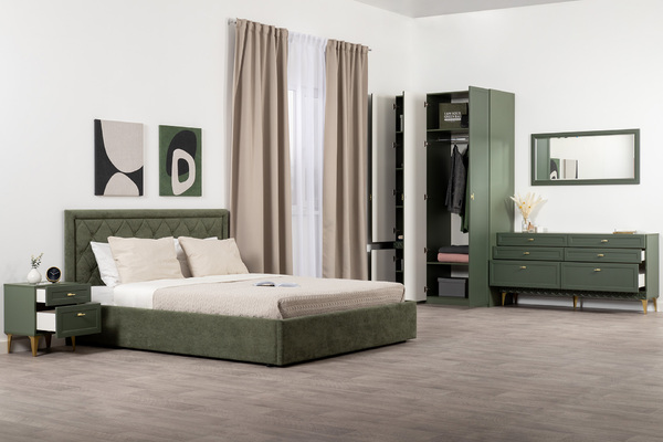 Комод Марион 16.256 дымчатый зеленый K521, олива шагрень AG 1050 ПВХ, белый PE шагрень