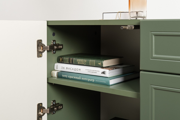 Гостиная Марион композиция 1 дымчатый зеленый K521, олива шагрень AG 1050 ПВХ, белый PE шагрень (собирается на любую сторону)