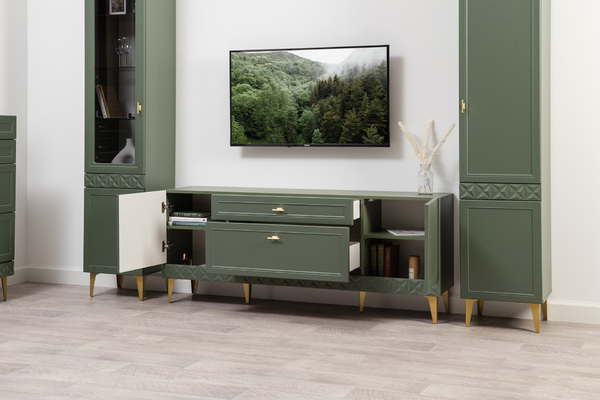 Гостиная Марион композиция 1 дымчатый зеленый K521, олива шагрень AG 1050 ПВХ, белый PE шагрень (собирается на любую сторону)