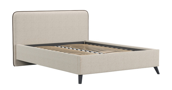 Кровать Миа 140 рогожка светло-бежевый, кант желтовато-коричневый с ортопедическим основанием и подъемным механизмом