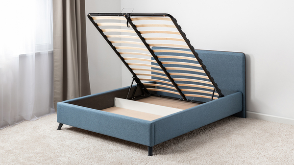 Кровать Миа 160 рогожка светло-синий, кант желтовато-коричневый с ортопедическим основанием и подъемным механизмом