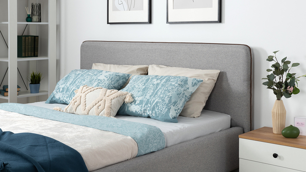 Кровать Миа 160 рогожка серый, кант желтовато-коричневый с ортопедическим основанием и подъемным механизмом