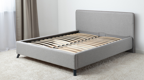 Кровать Миа 160 рогожка серый, кант желтовато-коричневый с ортопедическим основанием и подъемным механизмом