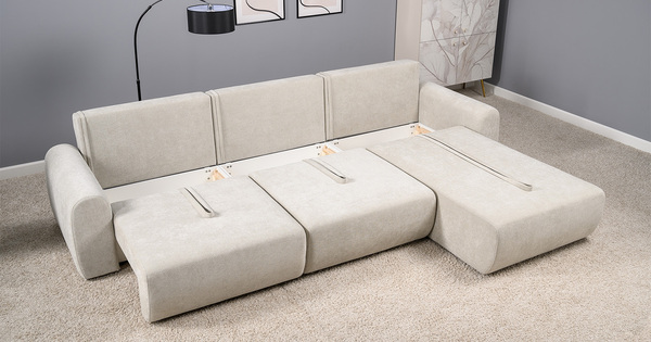 Диван-кровать угловой Тэдди 1505 композиция 3, букле Pique 010 светло-серый, модульная система, сборка на любую сторону
